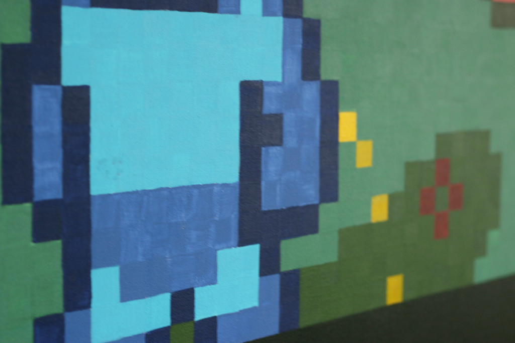 pixel heroes rockman takes a break detail shot acrylic fine pixel art painting ivo zibulla leipzig