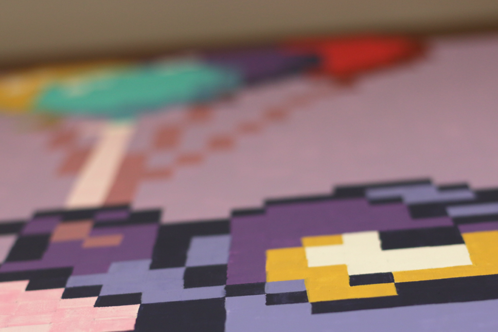 pixel heroes rockman takes off detail shot acrylic fine pixel art painting ivo zibulla leipzig