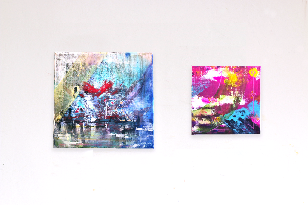 Mindscapes #L22XB (rain)+ Mindscape #P14QC (birdview), 30 x 30 cm + 20 x 20 cm, both acrylics on canvas, 2020.