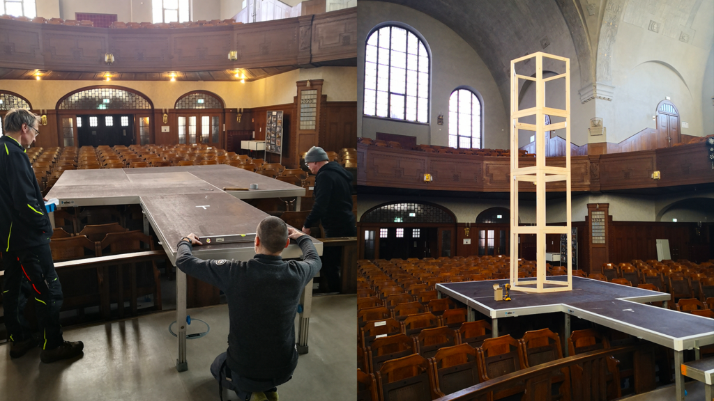 Preparing the central stage over the original seating in the hall. Stability test of set-up with all four segments installed.