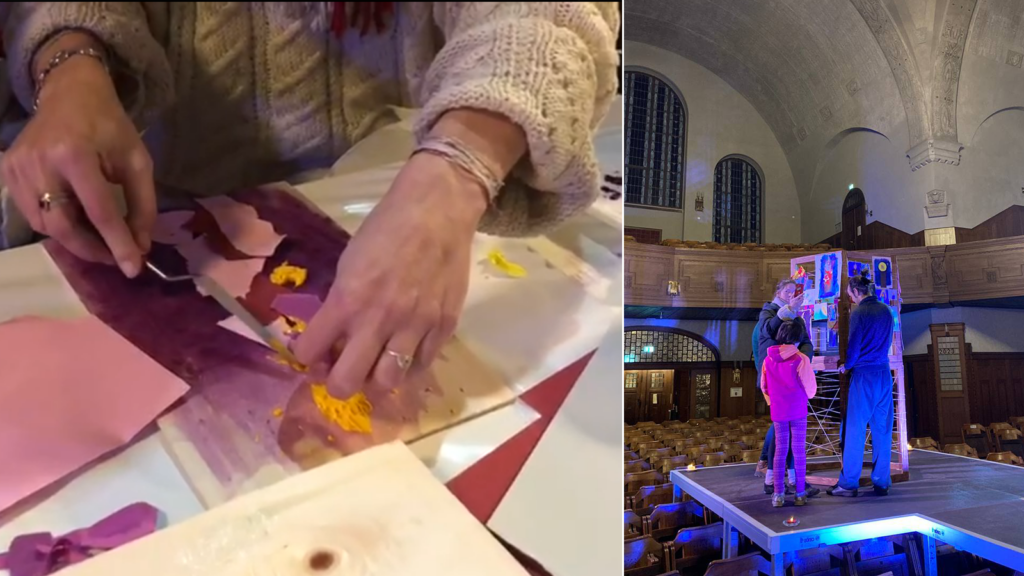 Co-creation of candle paintings. Installing them together on the central sculpture.